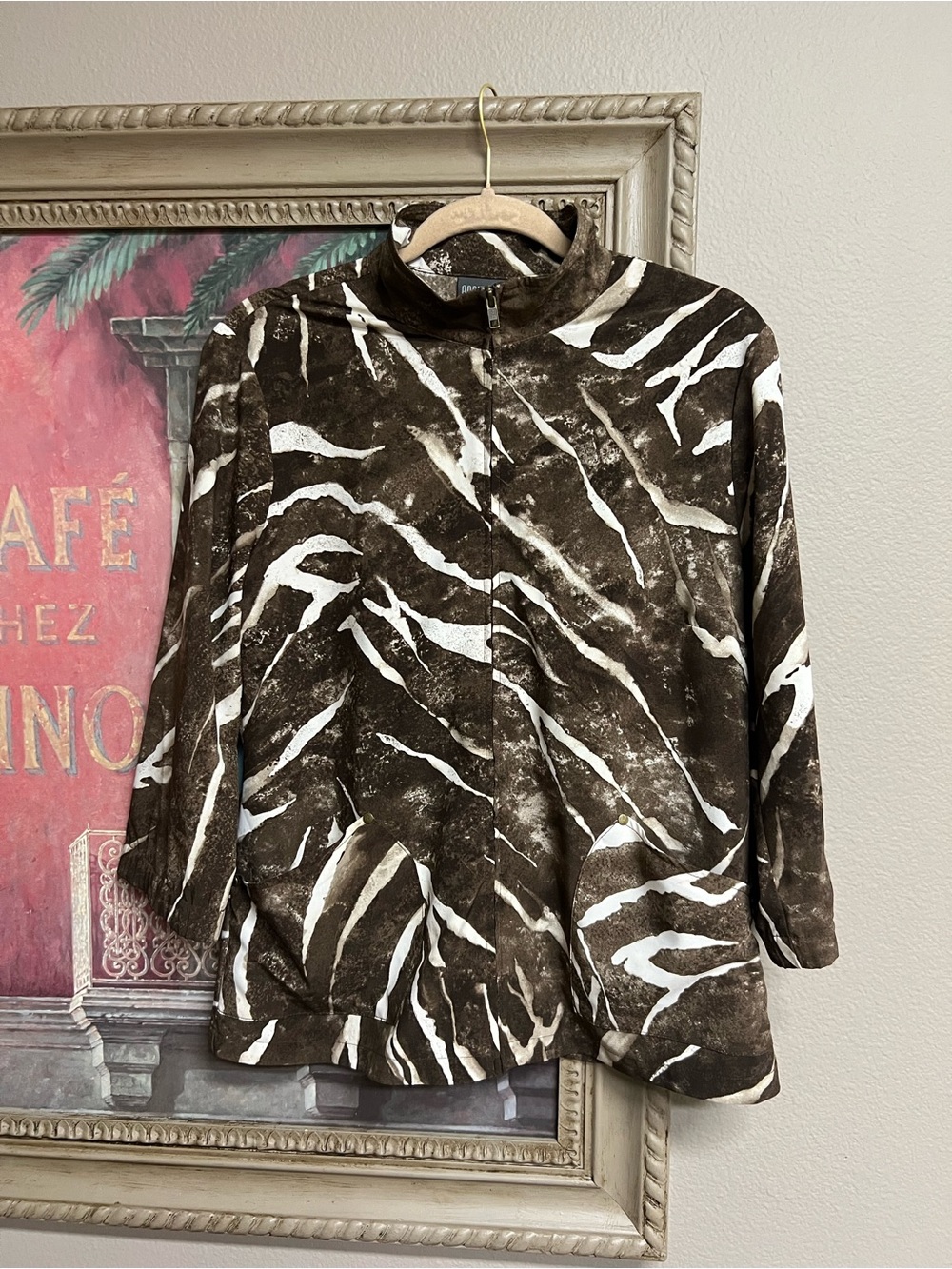 Chico's Additions Brown and White Zip-Front Printed Jacket